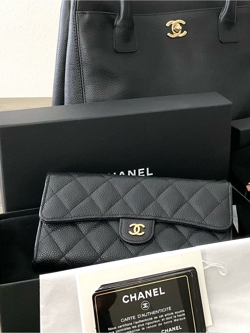 CHANEL Long Flap Wallet Black Leather